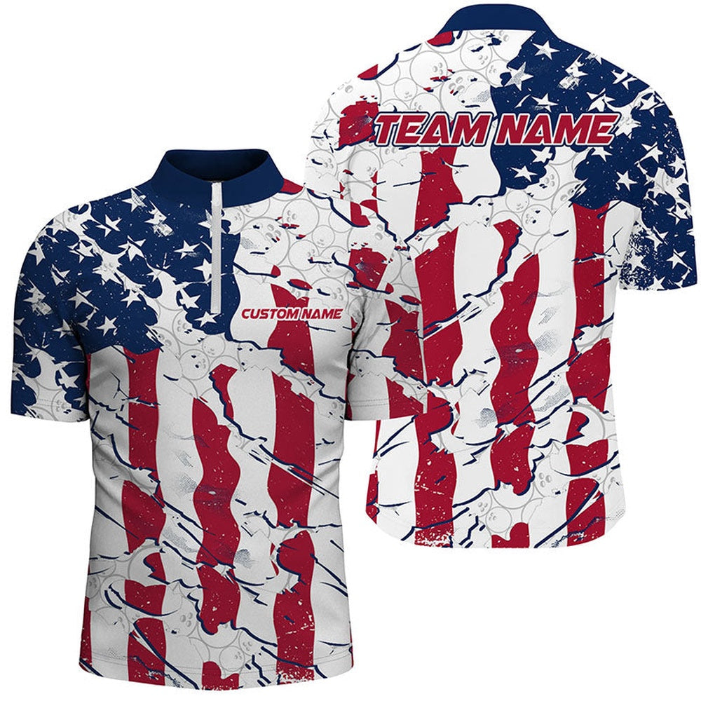 Custom Bowling Polo Shirts, Bowling Ball Pattern American Flag Custom Unisex Bowling Team Shirts, Patriotic Bowling Jerseys