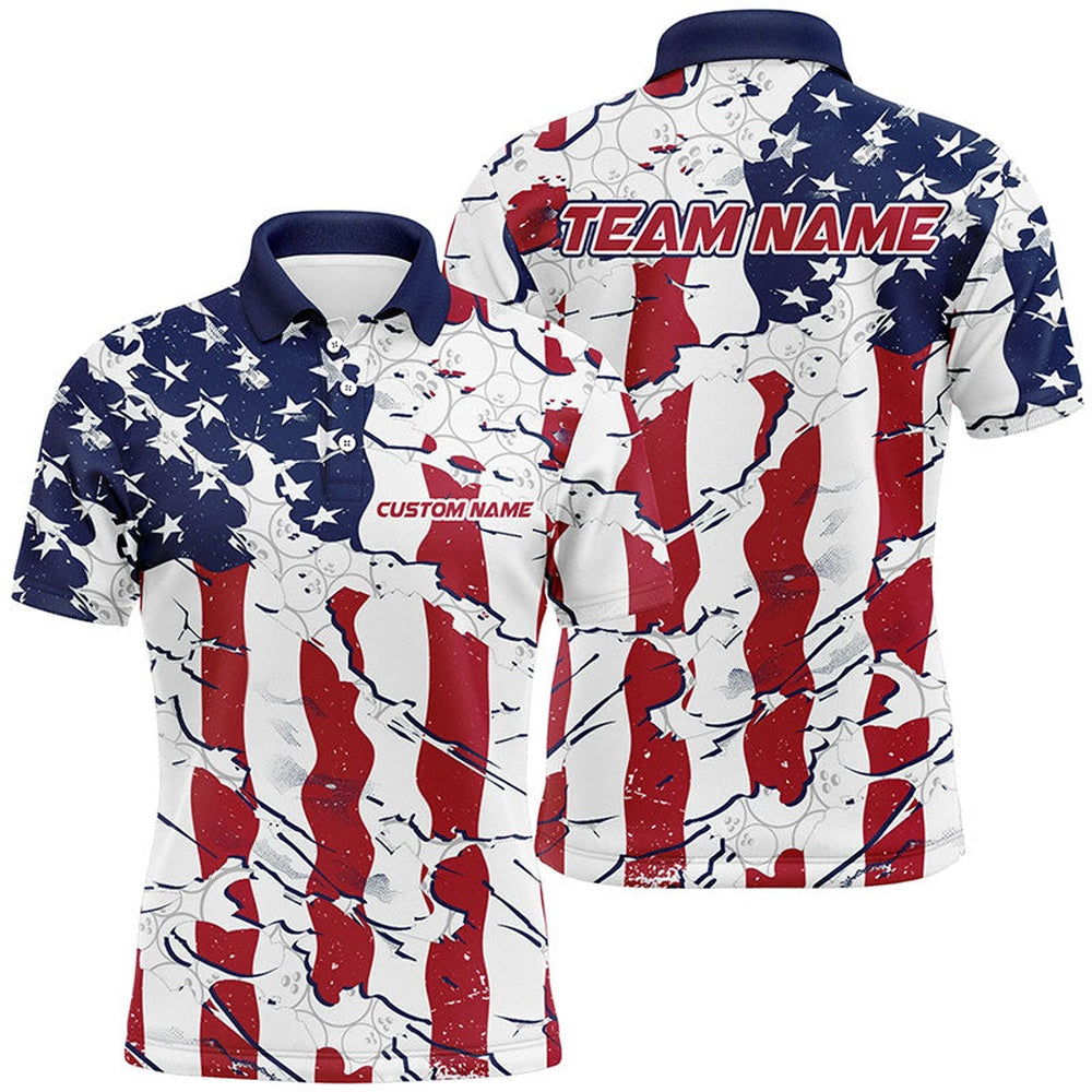Custom Bowling Polo Shirts, Bowling Ball Pattern American Flag Custom Unisex Bowling Team Shirts, Patriotic Bowling Jerseys