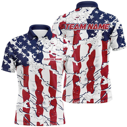 Custom Bowling Polo Shirts, Bowling Ball Pattern American Flag Custom Unisex Bowling Team Shirts, Patriotic Bowling Jerseys