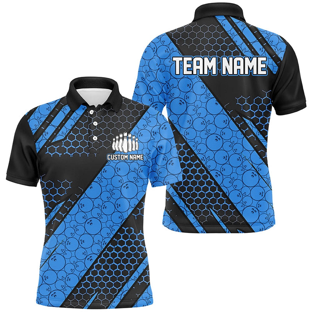 Custom Bowling Polo Shirts, Bowling Ball Pattern Custom Bowling Team Jerseys, Bowlers Shirts For Men And Women Blue