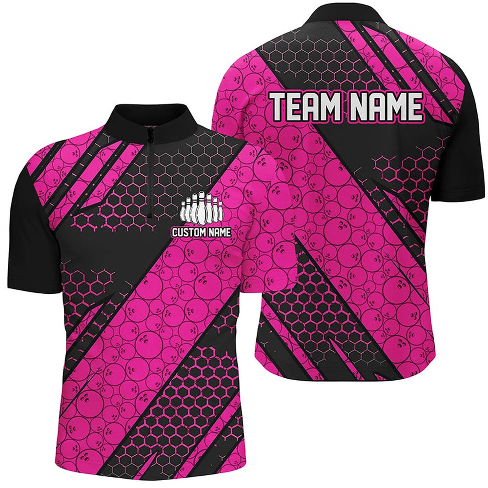 Custom Bowling Polo Shirts, Bowling Ball Pattern Custom Bowling Team Jerseys, Bowlers Shirts For Men And Women Pink
