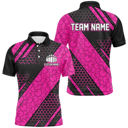 Custom Bowling Polo Shirts, Bowling Ball Pattern Custom Bowling Team Jerseys, Bowlers Shirts For Men And Women Pink