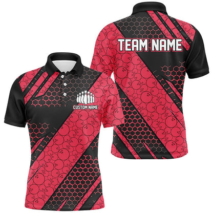 Custom Bowling Polo Shirts, Bowling Ball Pattern Custom Bowling Team Jerseys, Bowlers Shirts For Men And Women Red