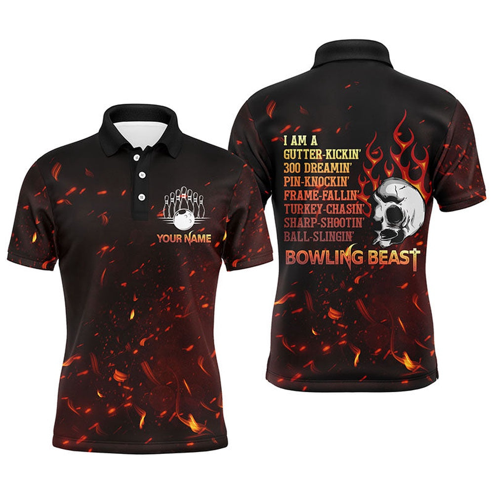 Custom Bowling Polo Shirts, Bowling Beast Personalized Men Polo Shirt, Flame Skull Cool Men Bowlers Jersey Short Sleeves