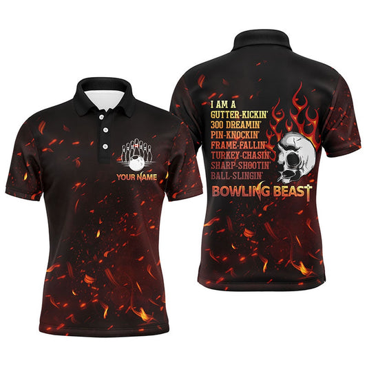Custom Bowling Polo Shirts, Bowling Beast Personalized Men Polo Shirt, Flame Skull Cool Men Bowlers Jersey Short Sleeves