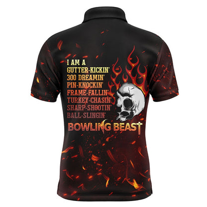Custom Bowling Polo Shirts, Bowling Beast Personalized Men Polo Shirt, Flame Skull Cool Men Bowlers Jersey Short Sleeves