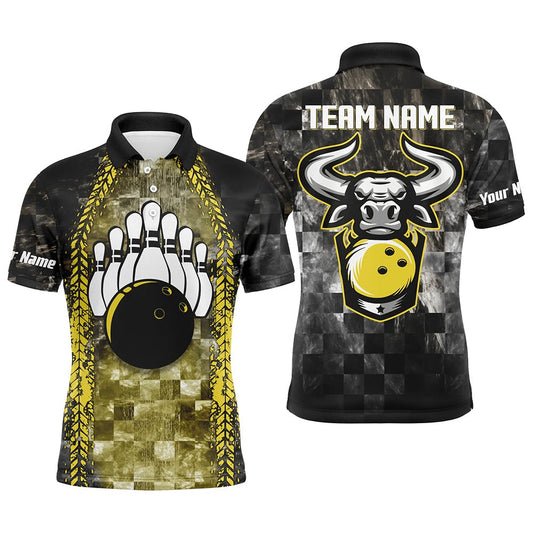 Custom Bowling Polo Shirts, Bowling Bull Black And Yellow Mens Bowling Polo Shirts Custom Bowling Ball Pins Team League Jersey