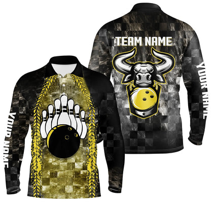 Custom Bowling Polo Shirts, Bowling Bull Black And Yellow Mens Bowling Polo Shirts Custom Bowling Ball Pins Team League Jersey