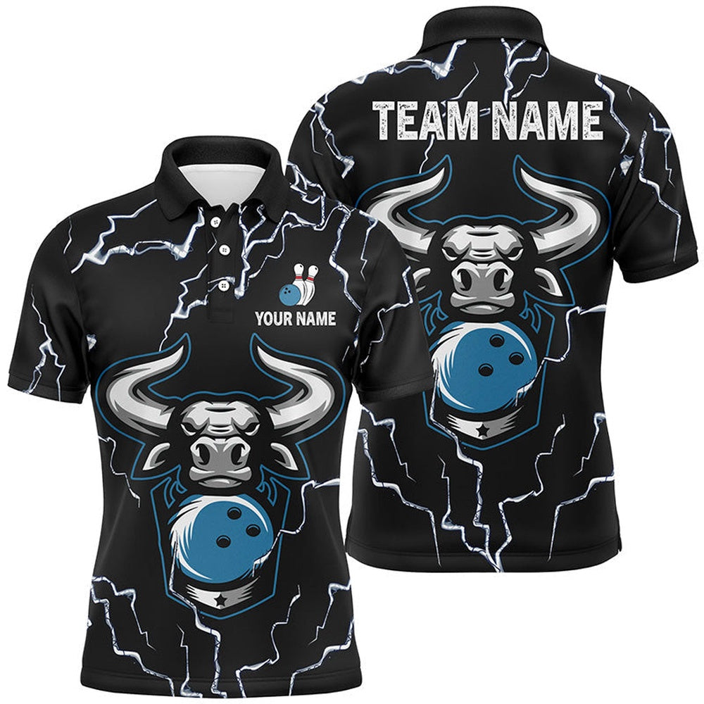 Custom Bowling Polo Shirts, Bowling Bull Thunder Lightning Black Bowling Polo Shirts For Men Custom Bowling Team League Jersey