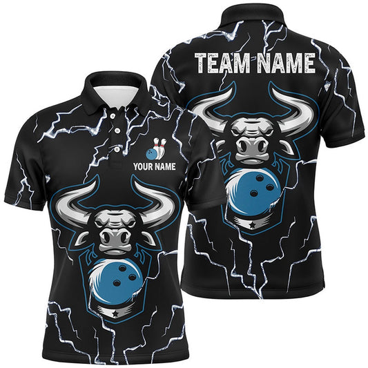 Custom Bowling Polo Shirts, Bowling Bull Thunder Lightning Black Bowling Polo Shirts For Men Custom Bowling Team League Jersey