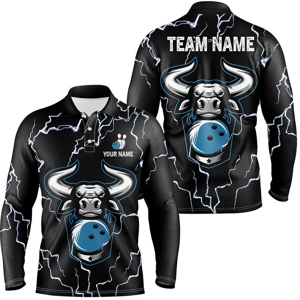 Custom Bowling Polo Shirts, Bowling Bull Thunder Lightning Black Bowling Polo Shirts For Men Custom Bowling Team League Jersey