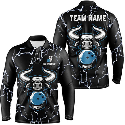 Custom Bowling Polo Shirts, Bowling Bull Thunder Lightning Black Bowling Polo Shirts For Men Custom Bowling Team League Jersey