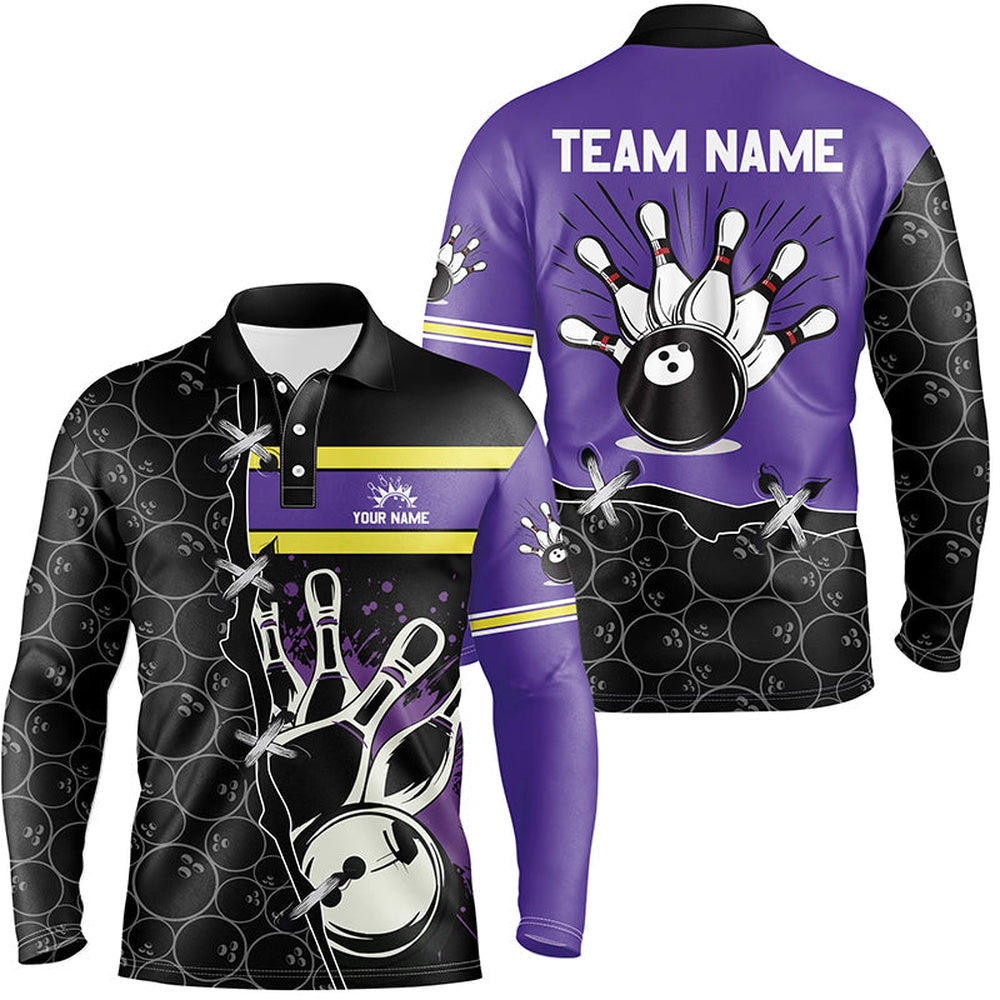 Custom Bowling Polo Shirts, Bowling Camo Polo Shirt For Men Custom Team Bowling League Jerseys, Gift For Mens Bowlers Purple