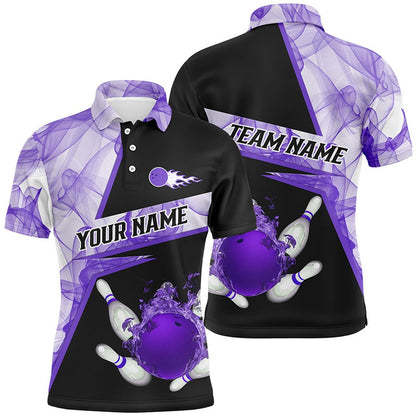 Custom Bowling Polo Shirts, Bowling Flame Purple Smoke Pattern Custom Black Mens Bowling Polo Shirts, Team Bowling League Jerseys