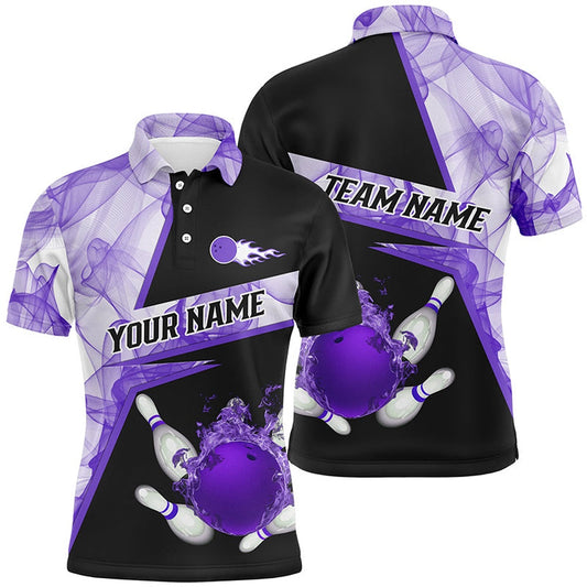 Custom Bowling Polo Shirts, Bowling Flame Purple Smoke Pattern Custom Black Mens Bowling Polo Shirts, Team Bowling League Jerseys