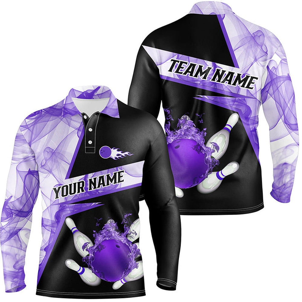 Custom Bowling Polo Shirts, Bowling Flame Purple Smoke Pattern Custom Black Mens Bowling Polo Shirts, Team Bowling League Jerseys