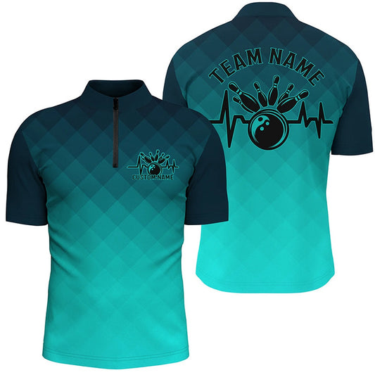 Custom Bowling Polo Shirts, Bowling Heartbeat Pulse Line Blue Argyle Custom Bowling Team Shirts For Men And Women