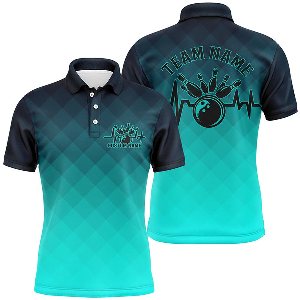 Custom Bowling Polo Shirts, Bowling Heartbeat Pulse Line Blue Argyle Custom Bowling Team Shirts For Men And Women