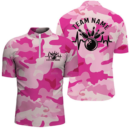 Custom Bowling Polo Shirts, Bowling Heartbeat Pulse Line Blue Pink Camo Custom Bowling Team Shirts For Men And Women