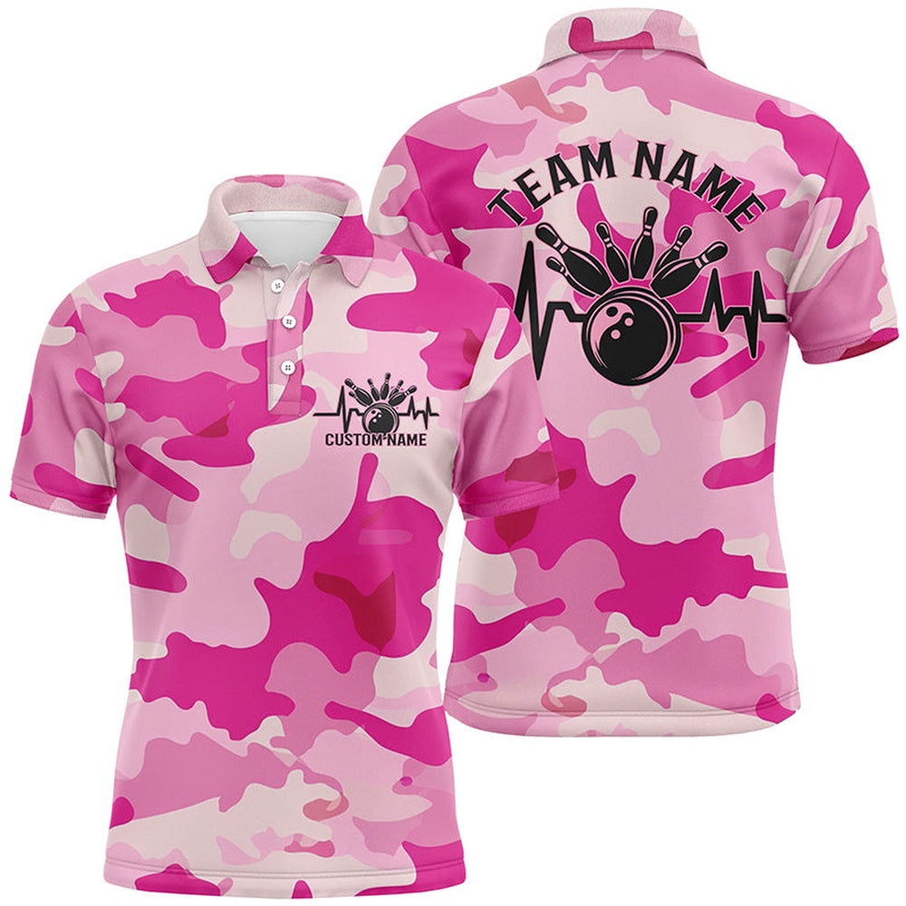 Custom Bowling Polo Shirts, Bowling Heartbeat Pulse Line Blue Pink Camo Custom Bowling Team Shirts For Men And Women