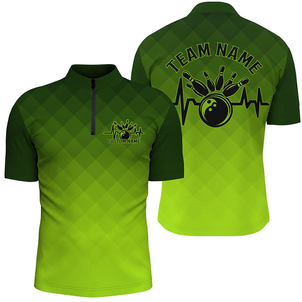 Custom Bowling Polo Shirts, Bowling Heartbeat Pulse Line Green Argyle Custom Bowling Team Shirts For Men And Women
