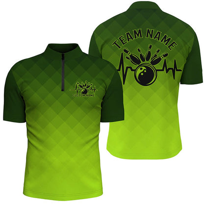 Custom Bowling Polo Shirts, Bowling Heartbeat Pulse Line Green Argyle Custom Bowling Team Shirts For Men And Women