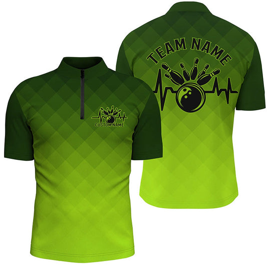 Custom Bowling Polo Shirts, Bowling Heartbeat Pulse Line Green Argyle Custom Bowling Team Shirts For Men And Women