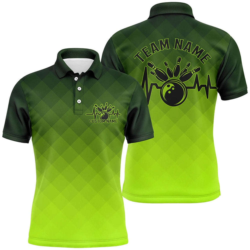 Custom Bowling Polo Shirts, Bowling Heartbeat Pulse Line Green Argyle Custom Bowling Team Shirts For Men And Women