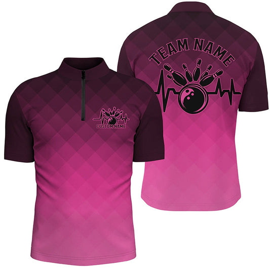 Custom Bowling Polo Shirts, Bowling Heartbeat Pulse Line Pink Argyle Custom Bowling Team Shirts For Men And Women