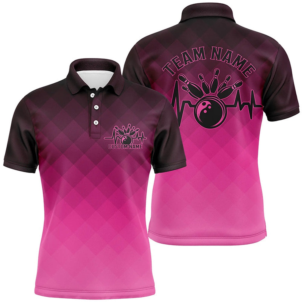 Custom Bowling Polo Shirts, Bowling Heartbeat Pulse Line Pink Argyle Custom Bowling Team Shirts For Men And Women