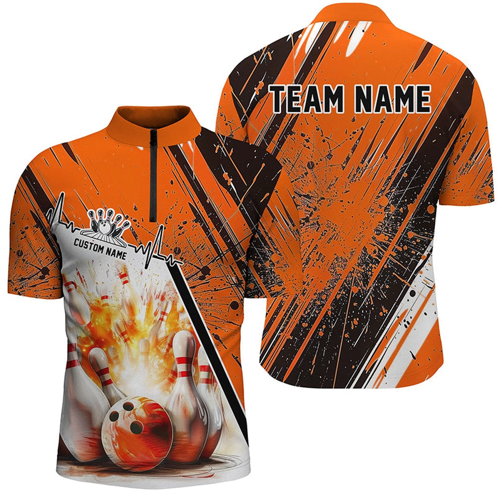 Custom Bowling Polo Shirts, Bowling Heartbeat Pulse Line Strike Bowling On The Lane Custom Orange Team Shirts Men And Women