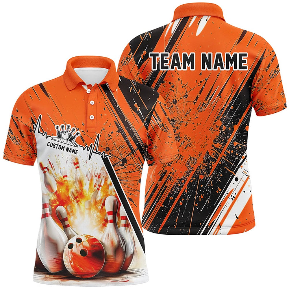 Custom Bowling Polo Shirts, Bowling Heartbeat Pulse Line Strike Bowling On The Lane Custom Orange Team Shirts Men And Women