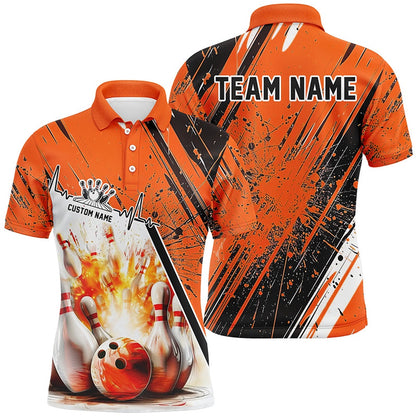 Custom Bowling Polo Shirts, Bowling Heartbeat Pulse Line Strike Bowling On The Lane Custom Orange Team Shirts Men And Women