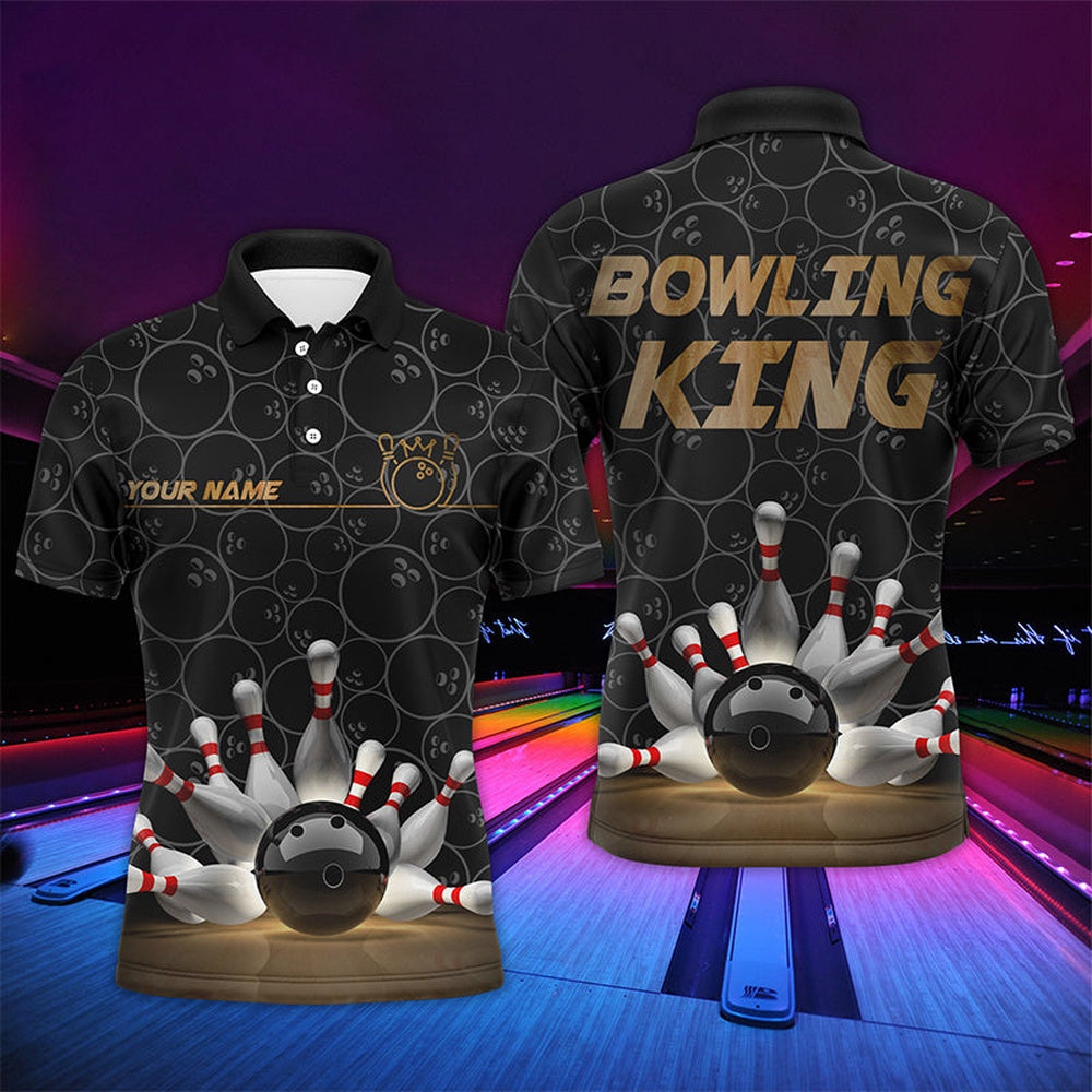 Custom Bowling Polo Shirts, Bowling King Men Polo Shirt, Personalized Name Bowlers Jersey Short Sleeves