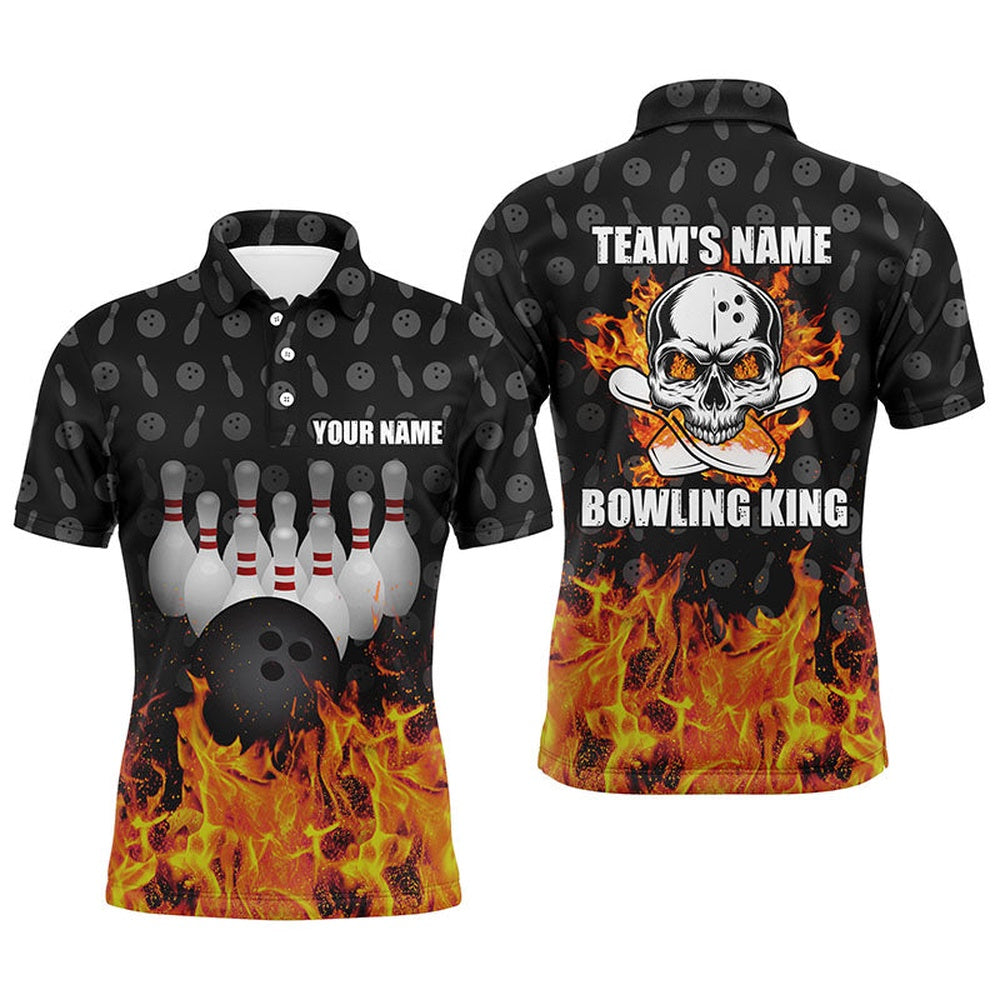 Custom Bowling Polo Shirts, Bowling King Men Polo Shirt, Personalized Skull Bowling Team Bowlers Jersey