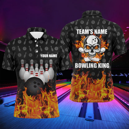 Custom Bowling Polo Shirts, Bowling King Men Polo Shirt, Personalized Skull Bowling Team Bowlers Jersey