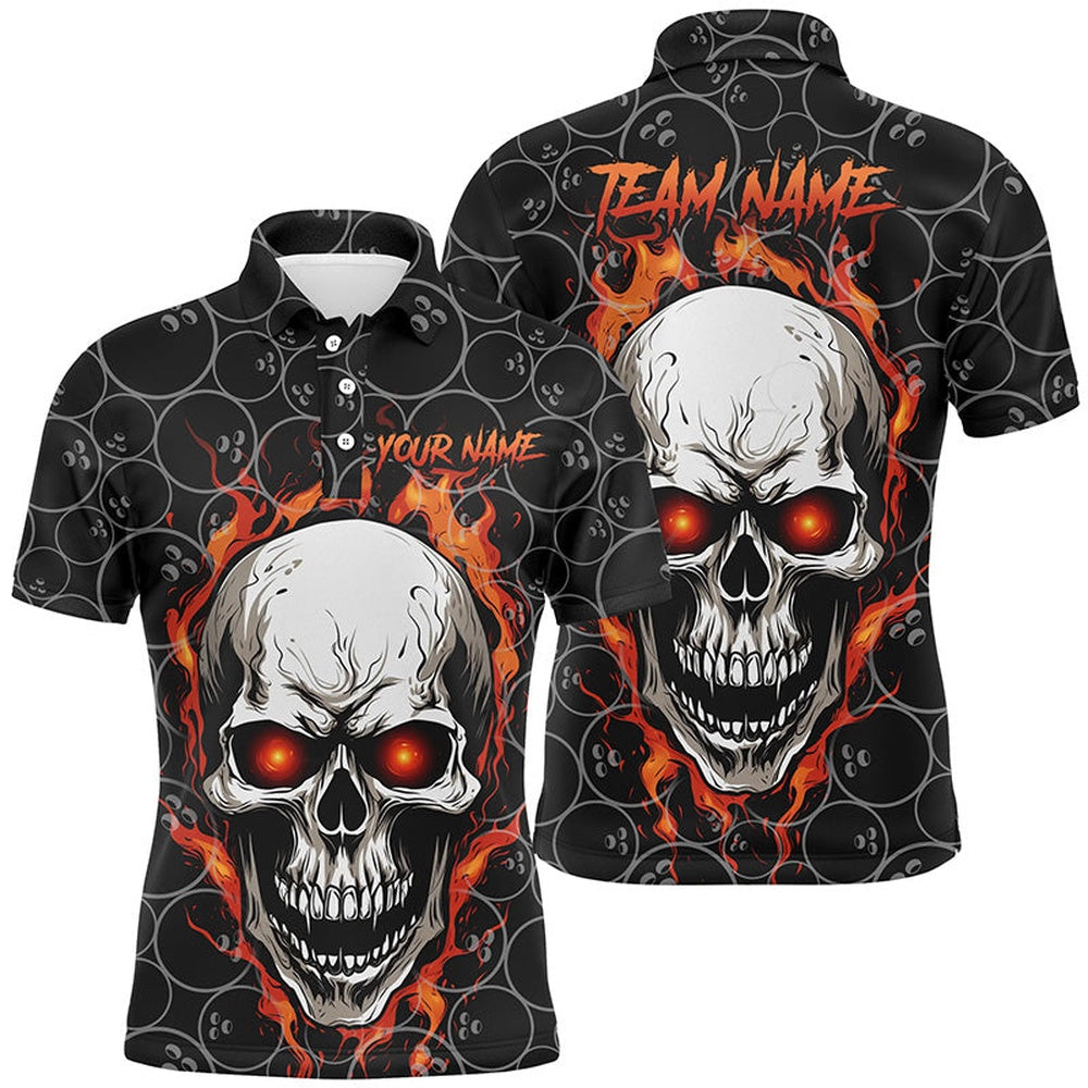 Custom Bowling Polo Shirts, Bowling Pattern Red Flame Skull Custom Bowling Polo Shirts For Men, Bowling Team Shirts Jerseys