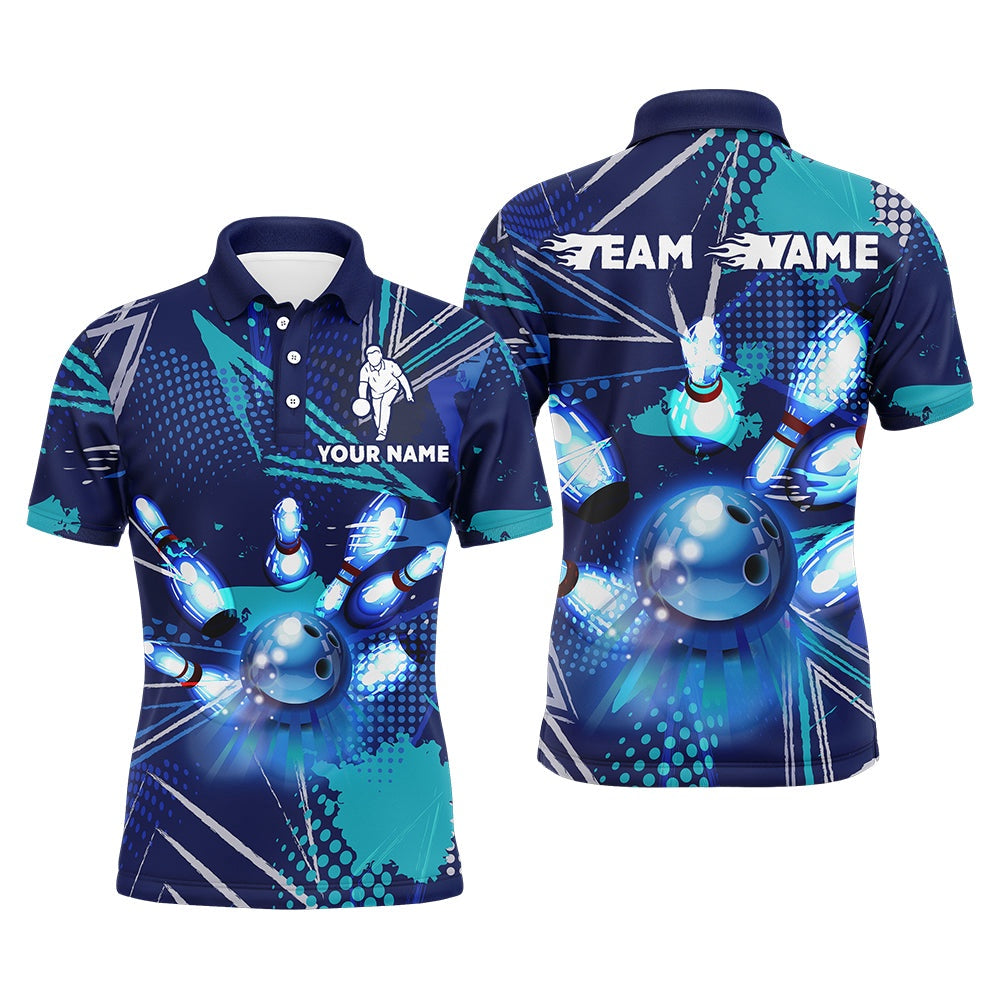 Custom Bowling Polo Shirts, Bowling Polo Shirt For Men Custom Blue Bowling Jersey With Name Bowling Team League Shirt