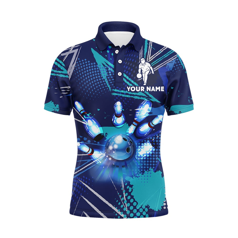 Custom Bowling Polo Shirts, Bowling Polo Shirt For Men Custom Blue Bowling Jersey With Name Bowling Team League Shirt