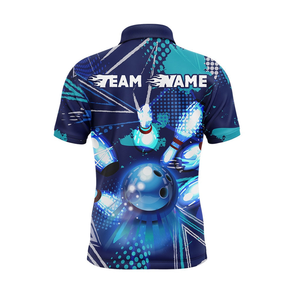 Custom Bowling Polo Shirts, Bowling Polo Shirt For Men Custom Blue Bowling Jersey With Name Bowling Team League Shirt