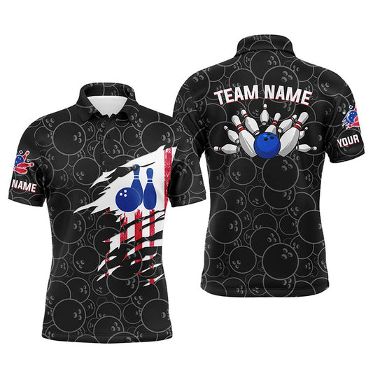 Custom Bowling Polo Shirts, Bowling Polo Shirt Mens Bowling Jerseys Personalized American Flag Black Pattern Bowling Team Shirt