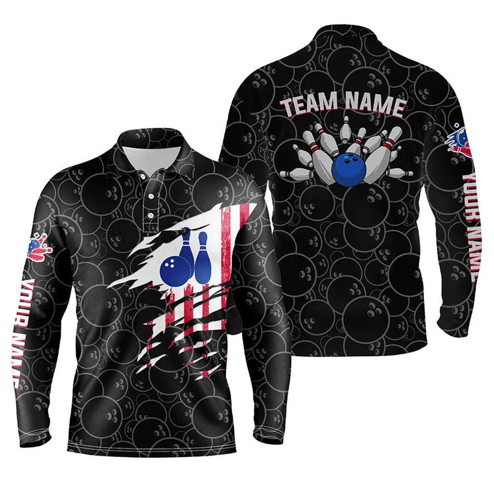 Custom Bowling Polo Shirts, Bowling Polo Shirt Mens Bowling Jerseys Personalized American Flag Black Pattern Bowling Team Shirt