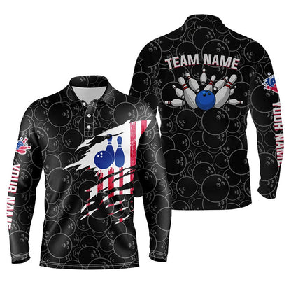 Custom Bowling Polo Shirts, Bowling Polo Shirt Mens Bowling Jerseys Personalized American Flag Black Pattern Bowling Team Shirt