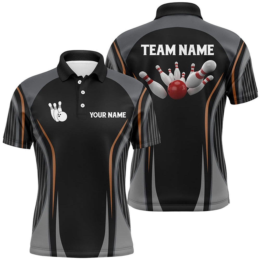 Custom Bowling Polo Shirts, Bowling Polo Shirts For Men Custom Bowling Ball And Pins Black Vintage Bowling Team Jerseys