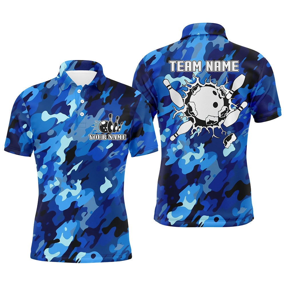 Custom Bowling Polo Shirts, Bowling Polo Shirts For Men Custom Bowling Ball And Pins Blue Camo Bowling Team Jersey