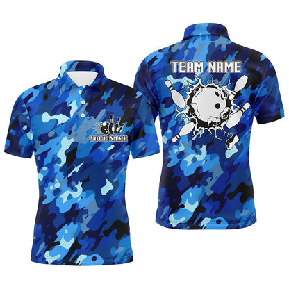 Custom Bowling Polo Shirts, Bowling Polo Shirts For Men Custom Bowling Ball And Pins Blue Camo Bowling Team Jersey