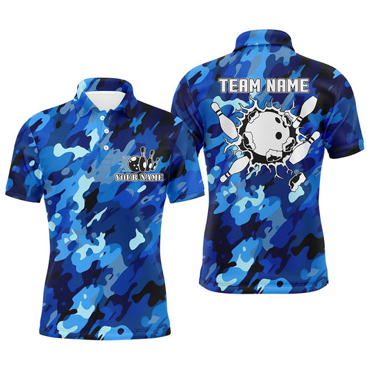 Custom Bowling Polo Shirts, Bowling Polo Shirts For Men Custom Bowling Ball And Pins Blue Camo Bowling Team Jersey