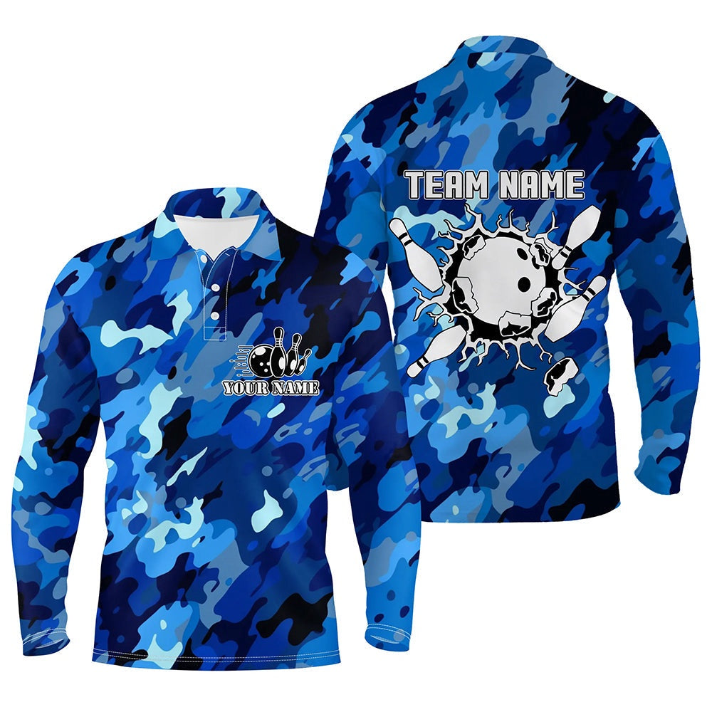 Custom Bowling Polo Shirts, Bowling Polo Shirts For Men Custom Bowling Ball And Pins Blue Camo Bowling Team Jersey