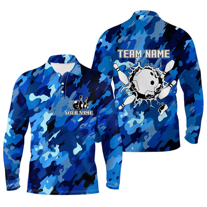 Custom Bowling Polo Shirts, Bowling Polo Shirts For Men Custom Bowling Ball And Pins Blue Camo Bowling Team Jersey