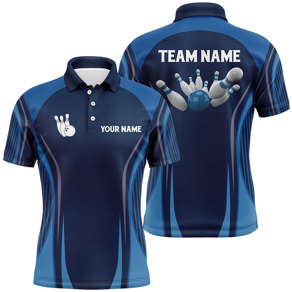 Custom Bowling Polo Shirts, Bowling Polo Shirts For Men Custom Bowling Ball And Pins Blue Vintage Bowling Team Jerseys